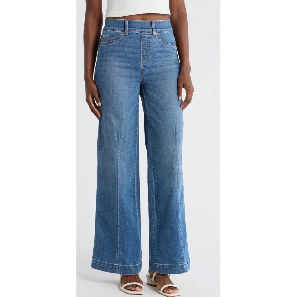 Spanx Wide Leg Jeans Medium Wash Pintuck High Rise Pull On Pants Womens Size M
